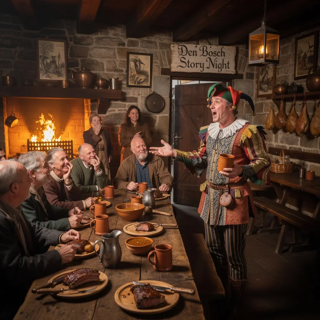 Een middeleeuwse straat in Den Bosch met historische gebouwen en kasseien.