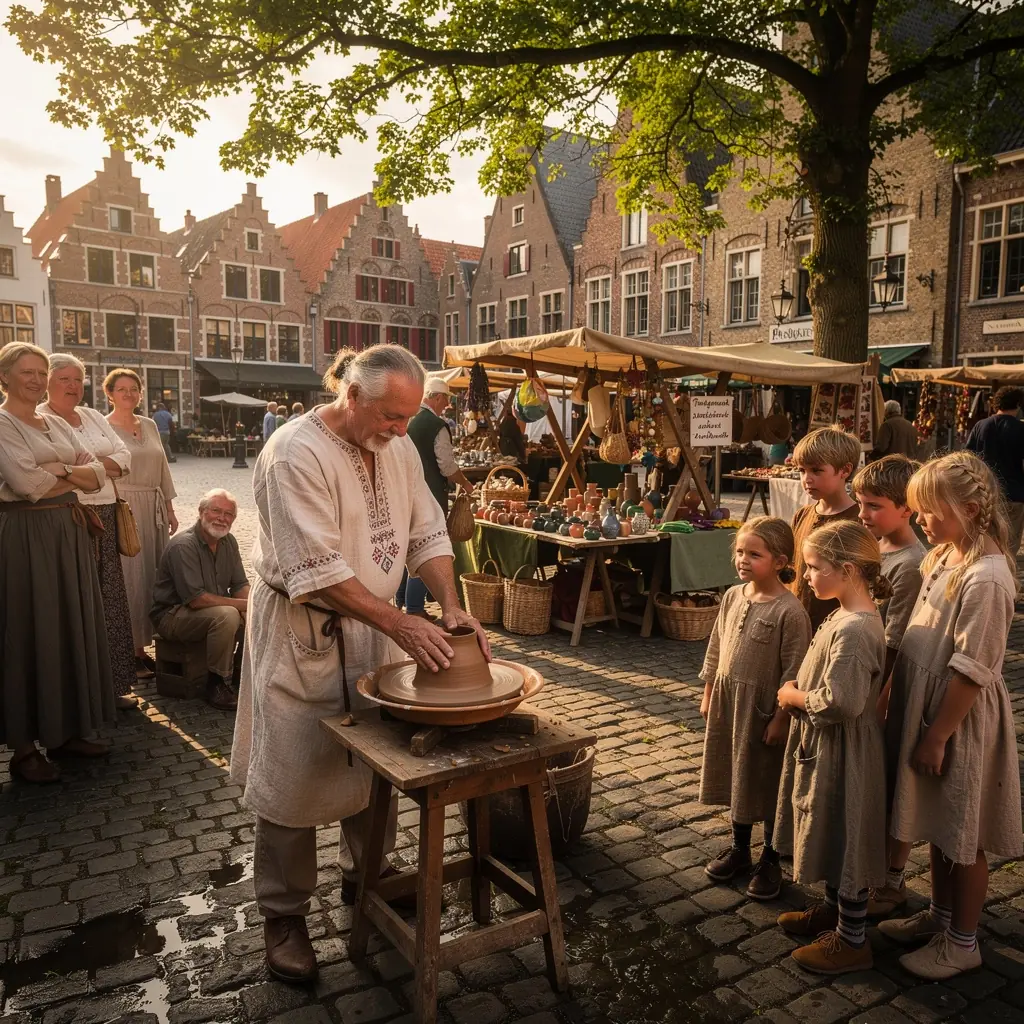 Een schilderachtig uitzicht op de Binnendieze, omgeven door groene bomen en oude huizen.