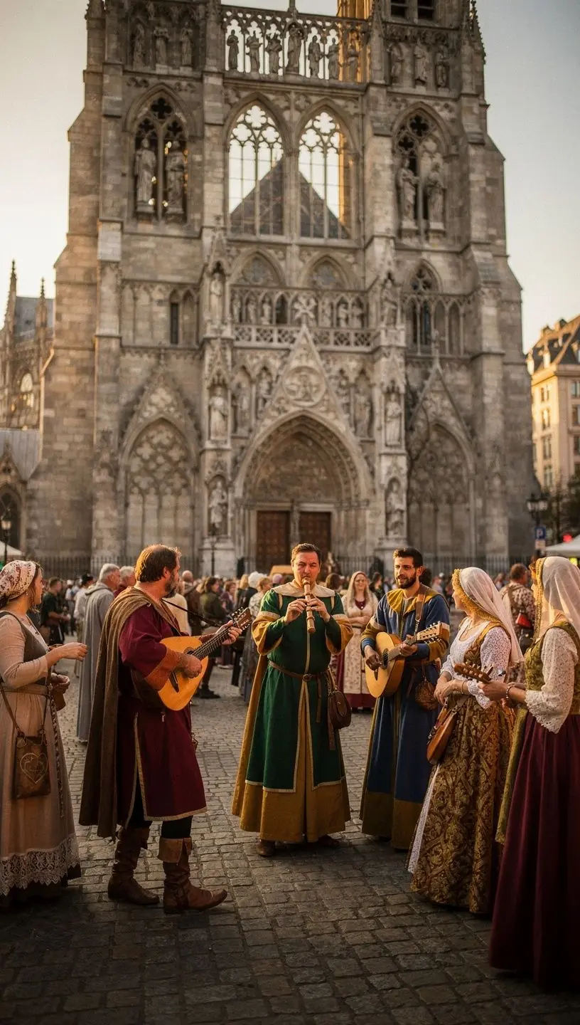Een middeleeuwse markt met ambachtslieden die traditionele producten verkopen.